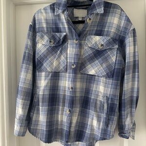 Women’s Blue and White Plaid Button-Up Shirt Jacket
